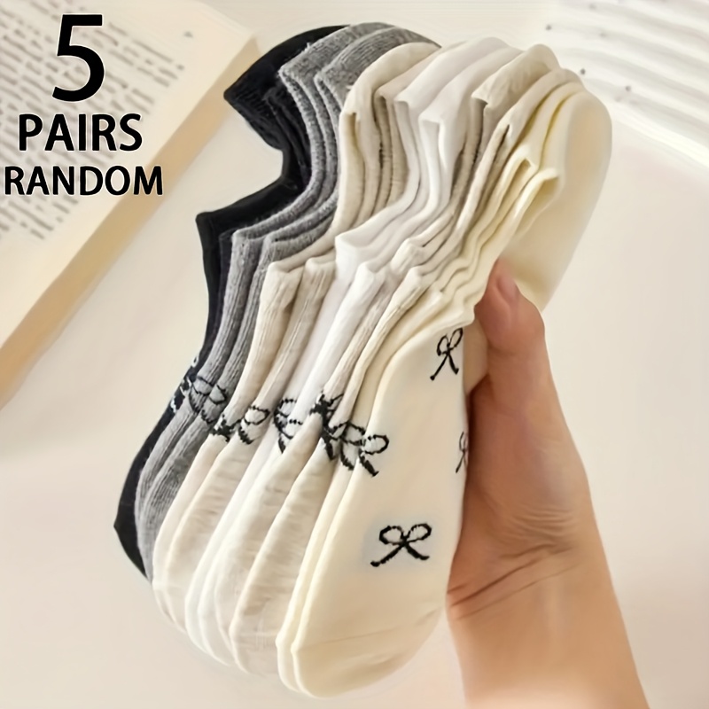 5 pair random cute black and white bow womens ankle socks adorable   soft and breathable no show socks suitable for   casual and formal occasions simple and versatile   non slip socks
