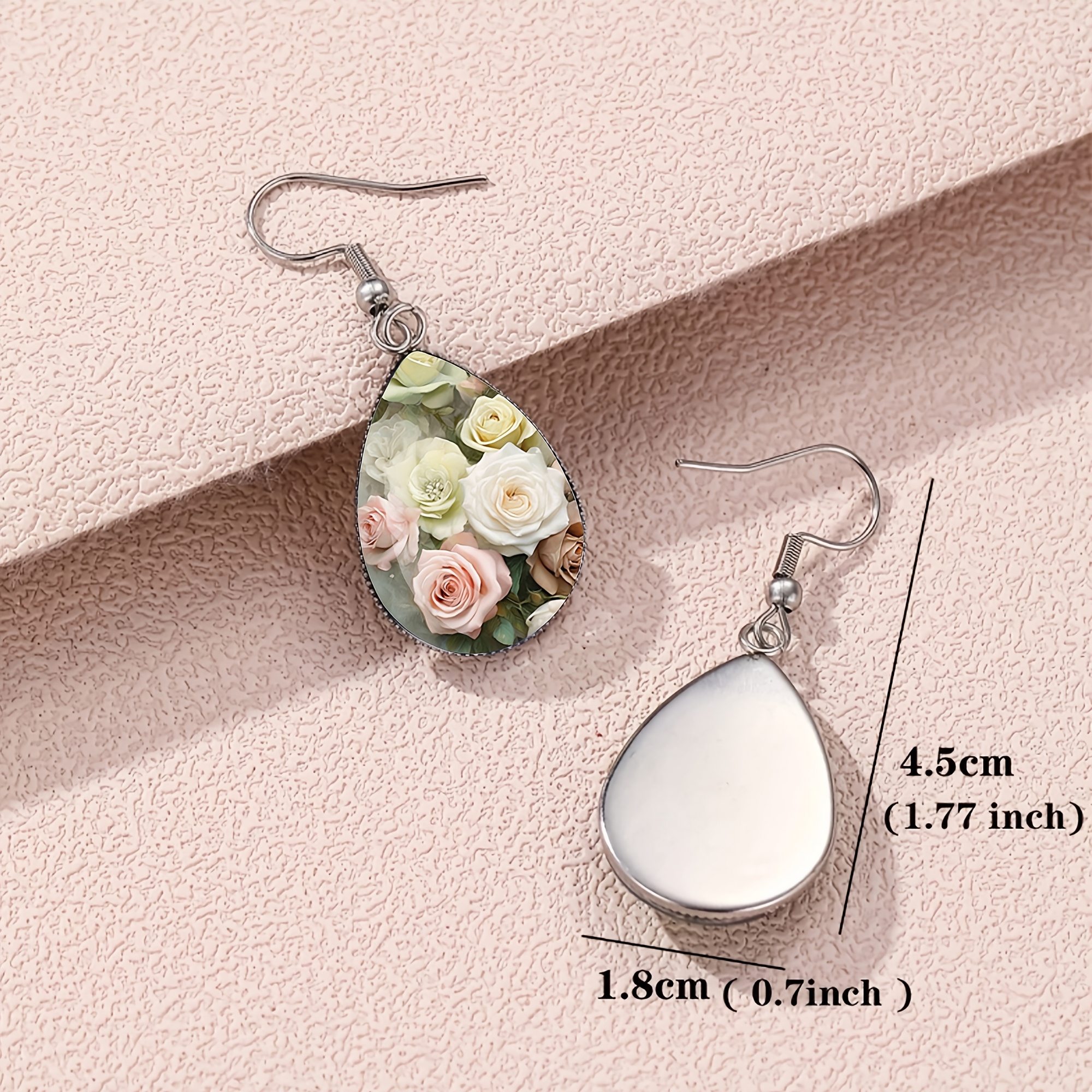 Pink and White Rose Pattern Teardrop Earrings, Elegant Style