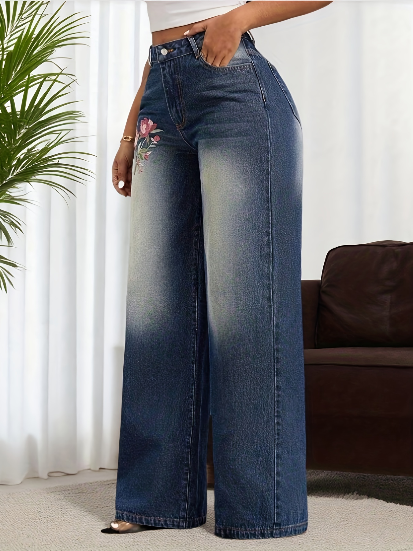 2026 Spring/Summer New Floral Embroidered Stretch Wide-Leg Pants, Loose Fit Wide-Leg Jeans, Embroidered Wide-Leg Women's Washed Denim Pants