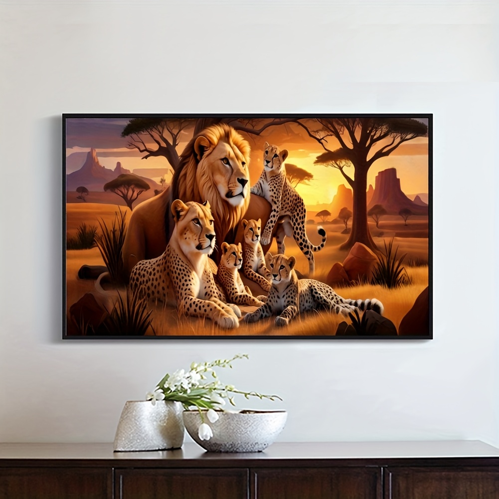 TEMU Kit de Peinture au Diamant 5D DIY Extra Large, Décoration Murale Thème Animal sur la Prairie Lion Fond Sable - Kit de Peinture au Diamant pour