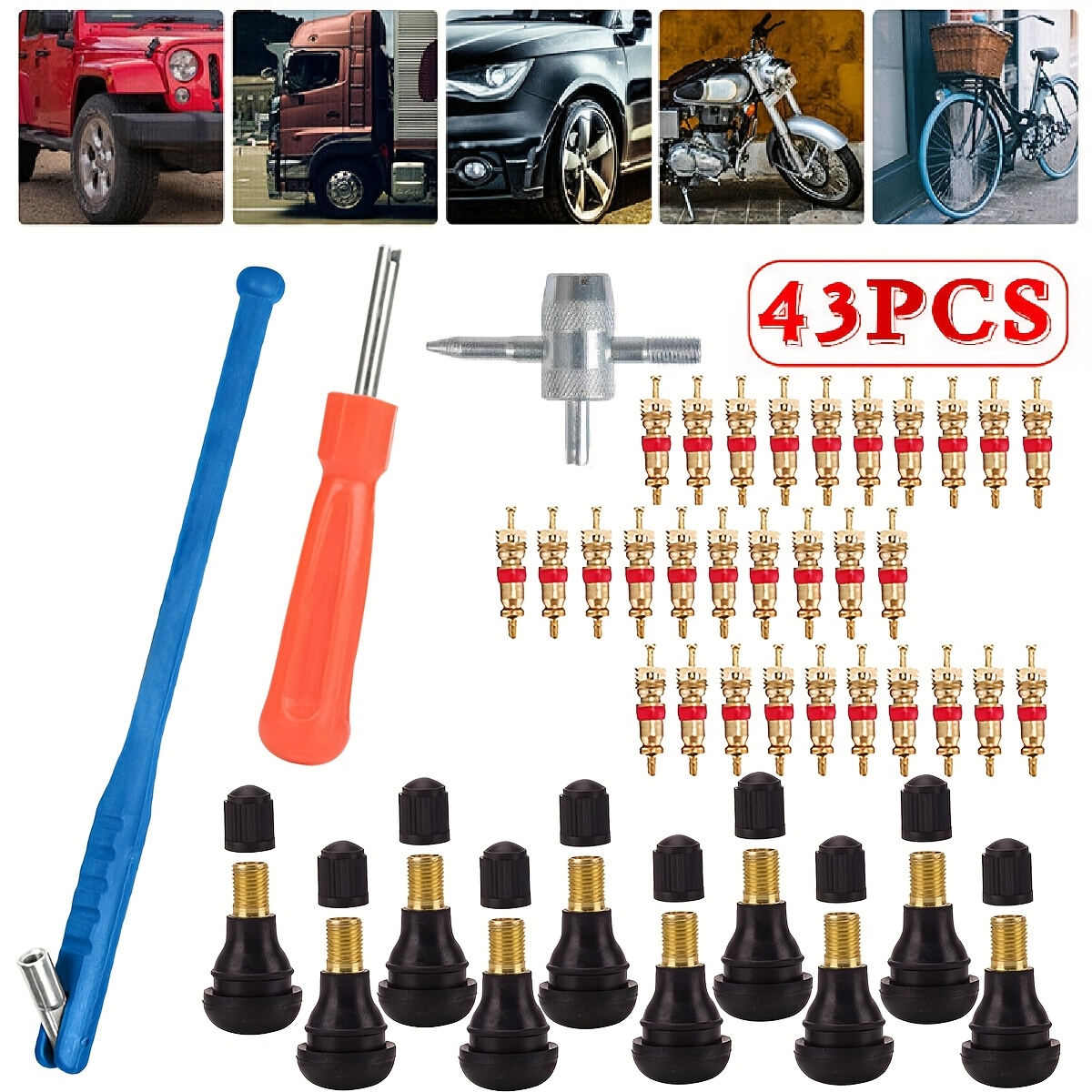 TEMU 43pcs Tire Valve Stem Removal Tool Kit, 10pcs Tire Valve Tubes, Valve Tool, Single-end And Double-end Valve Stem Removal Tools, Tire Repair