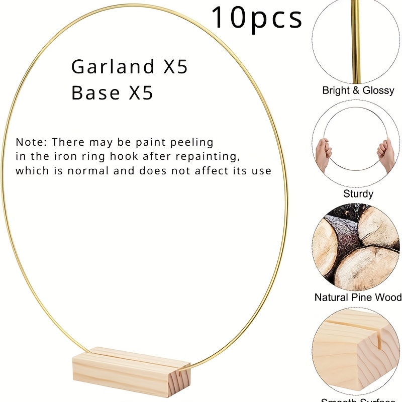 E-shop 10er-Set Goldene Metall-Dekorations-Mittelstücke mit Holzständern - Runde DIY-Ringe für Hochzeiten, Partys und Geburtstage, Kein Benötigt,
