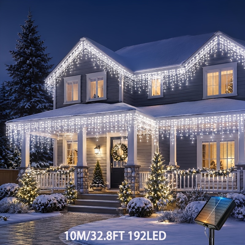 TEMU 102/192 Led Solar-powered Icicle Fairy String Lights Outdoor, 8 Modes, Hanging Christmas Atmosphere Lights Suitable For , Gardens, , , Parties,