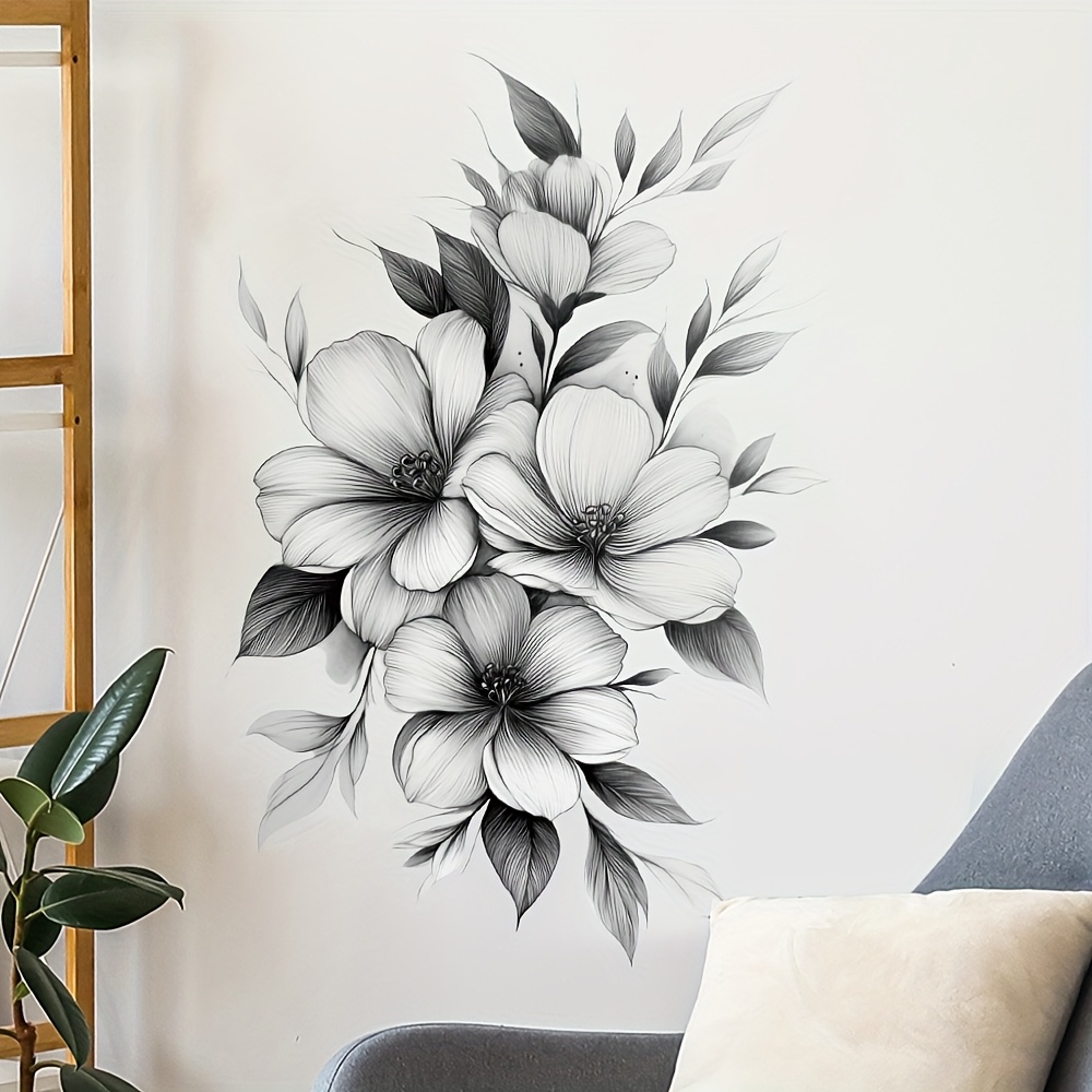Image of 1pc Premium Texture Black And White Floral Wall Sticker, Sketch Style 2d Flat Sticker Suitable For Living Room, Bedroom, Kitchen, Door