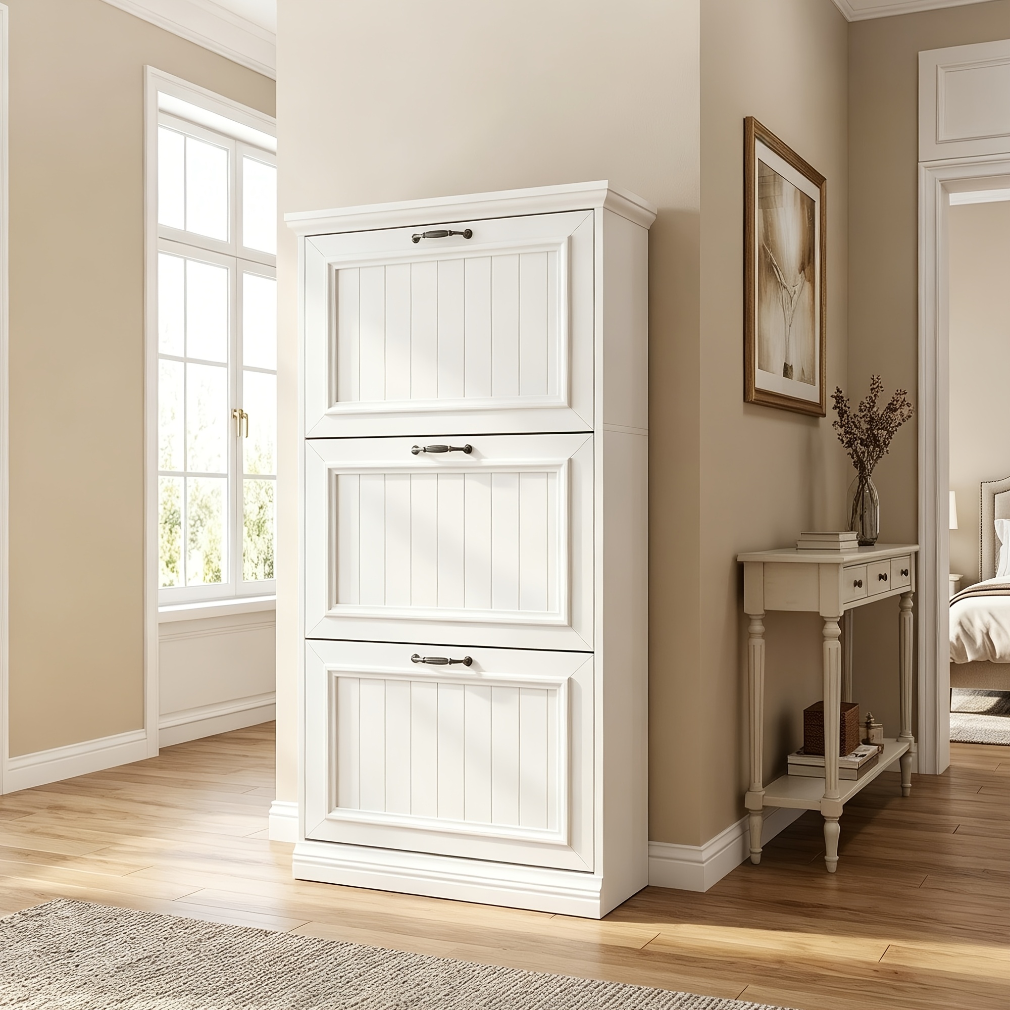 Image of Slim, White, Upright Shoe Cabinet With Wooden Lining, Perfect For Small Spaces And Can Store 16-18 Pairs Of Shoes.