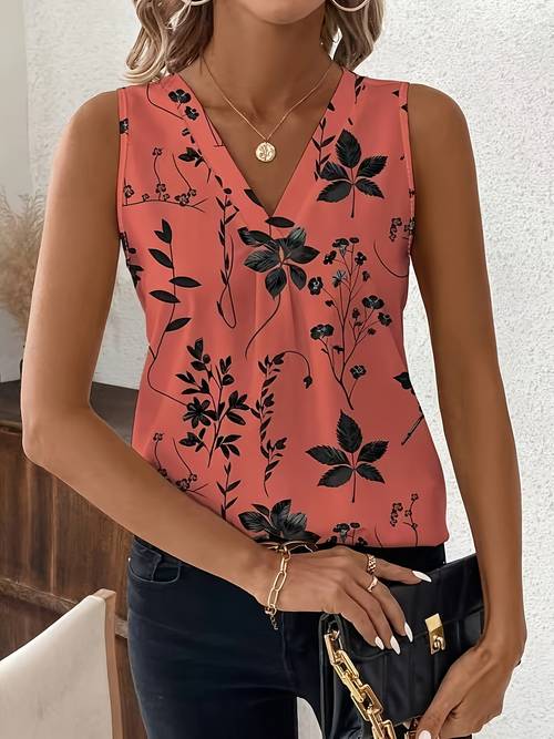 v neck sleeveless floral pattern summer shirt loose fit
