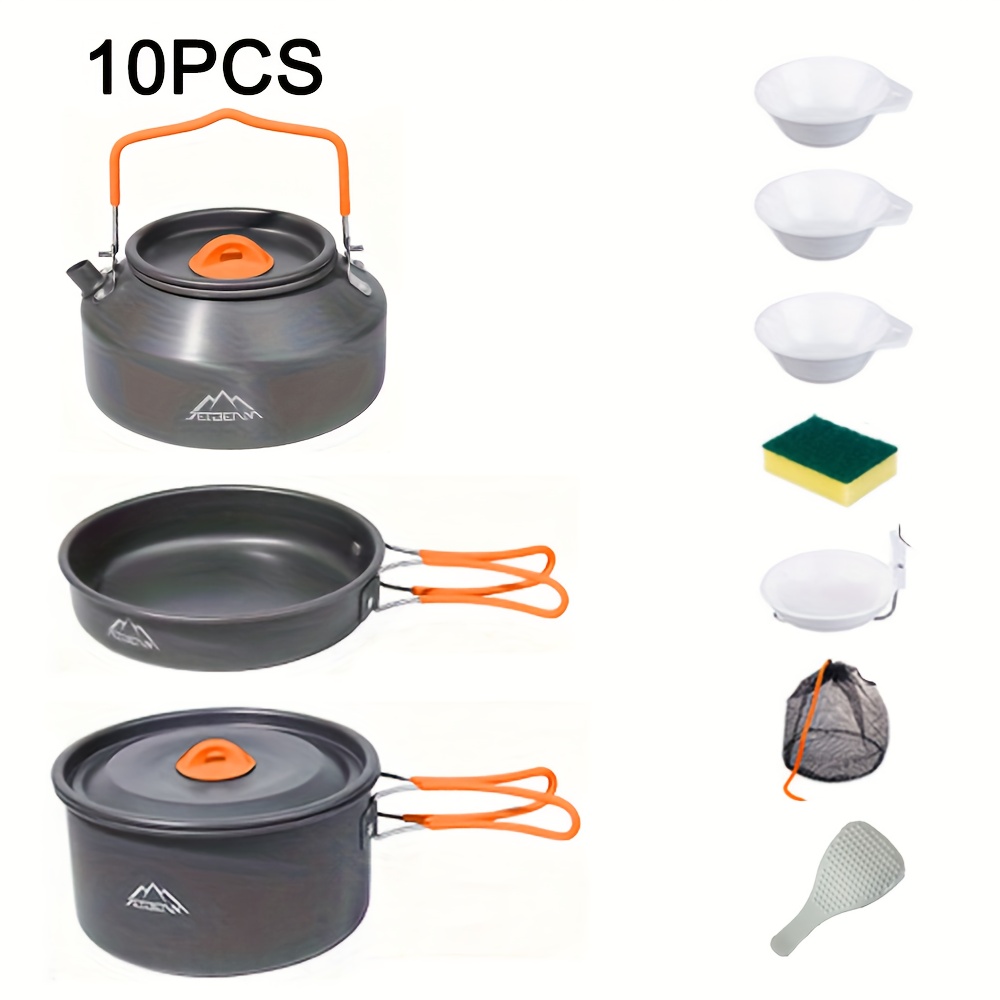 TEMU 10pcs Orange Outdoor Cooking Set | Portable Folding Camping Cooking Equipment With 1.1-liter Kettle, Medium Fryer, And Frying Pan | Includes
