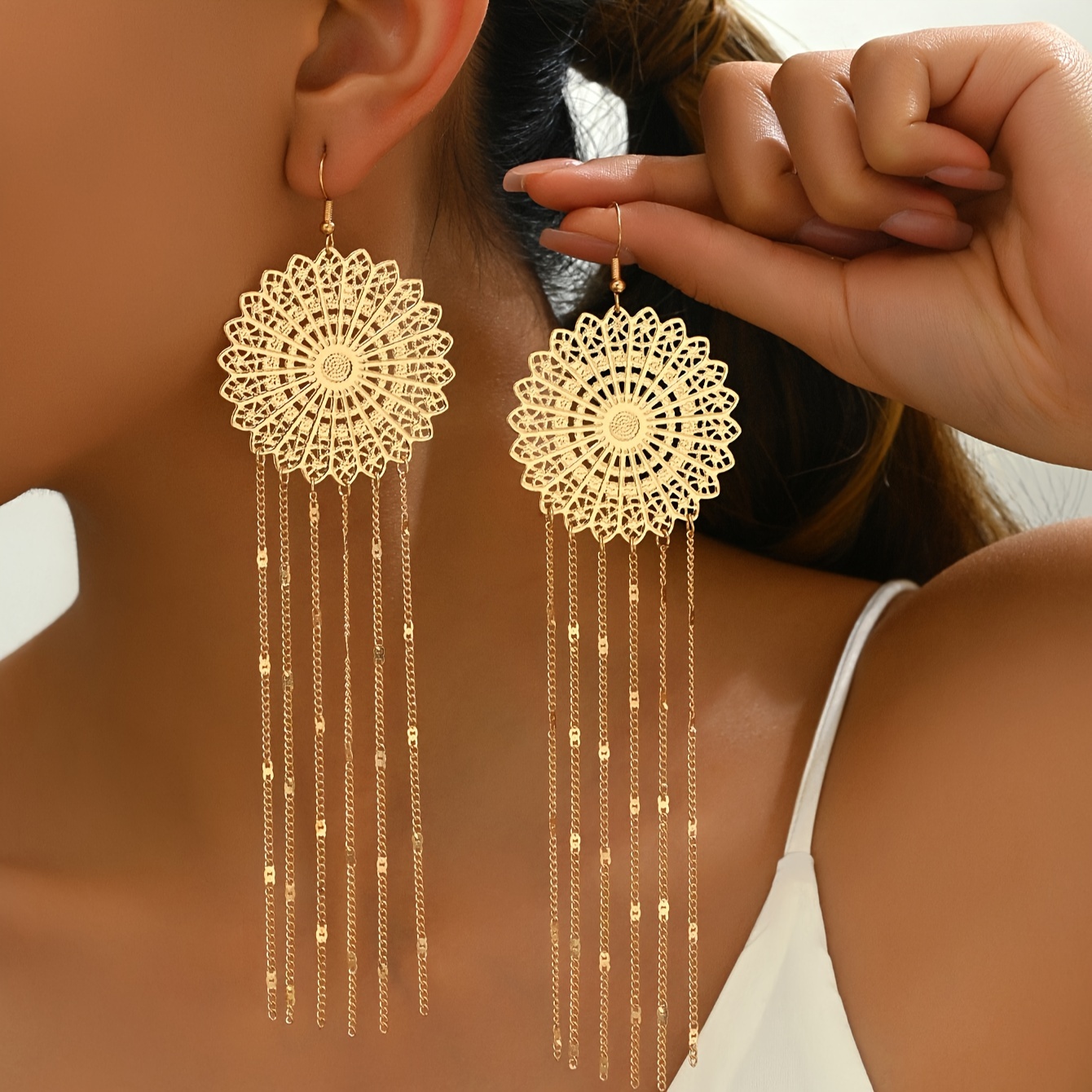 

Pair Of Elegant Vintage-inspired Golden Geometric Hollow Metal Dangle Earrings With Tassel Accents - Alloy Fashion Jewelry For Daily & Party Wear, Iron Posts