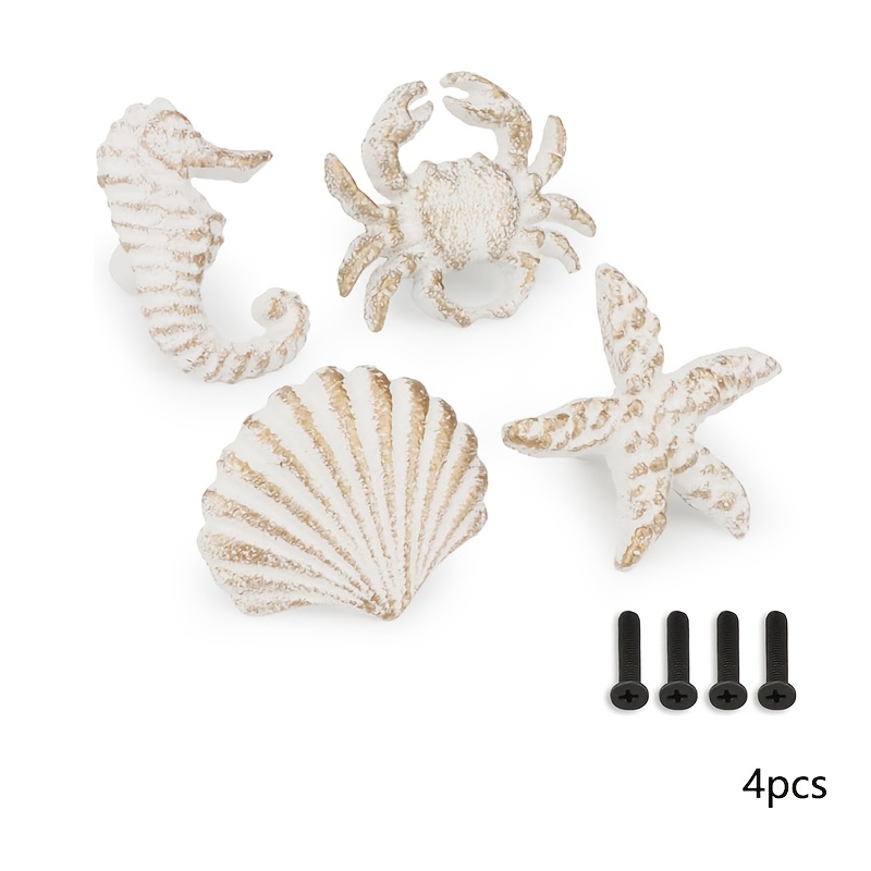 TEMU 4pcs Nautical Starfish & Shells Cabinet Door Hardware - Marine-themed Drawer Pulls, Durable Metal-like For Coastal Cabinets, Dressers, Wardrobes