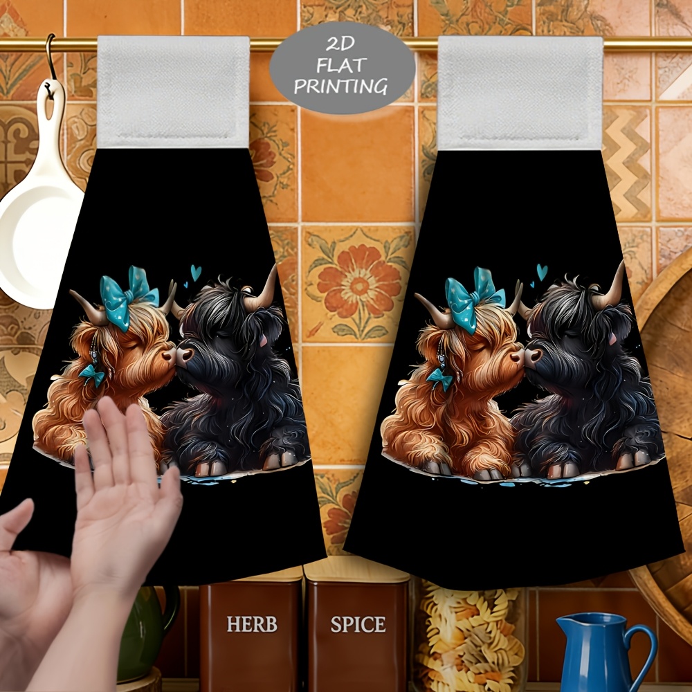 TEMU 2pcs Cute Highland Cow Pattern Print Hanging Hand Towel Multifunctional Towel Soft Microfiber, Fashion Casual, -friendly, Strong Absorbency