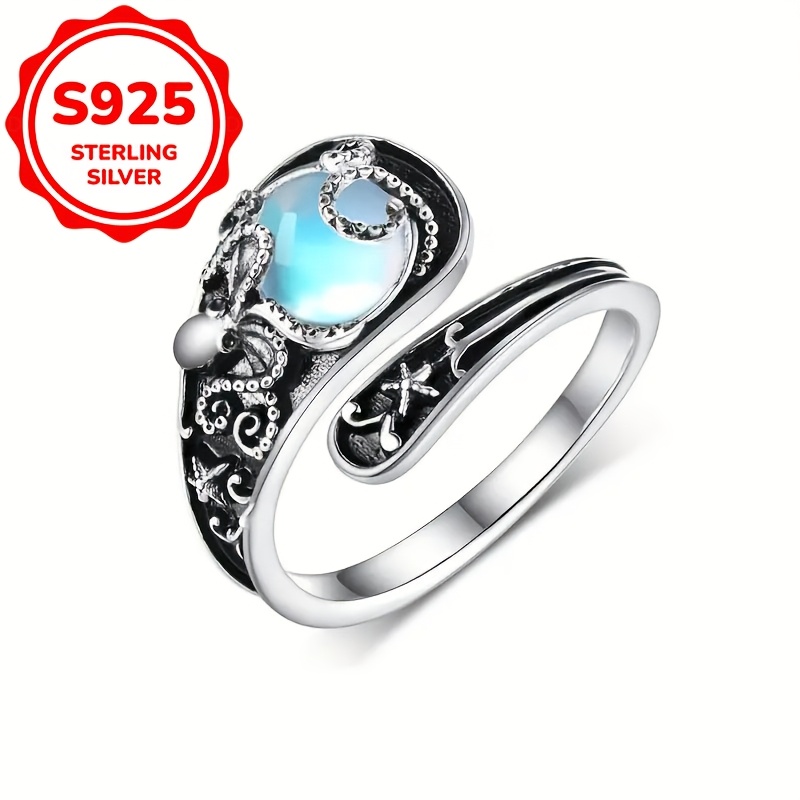 Women's S925 Silver Octopus Moonstone Adjustable Ring