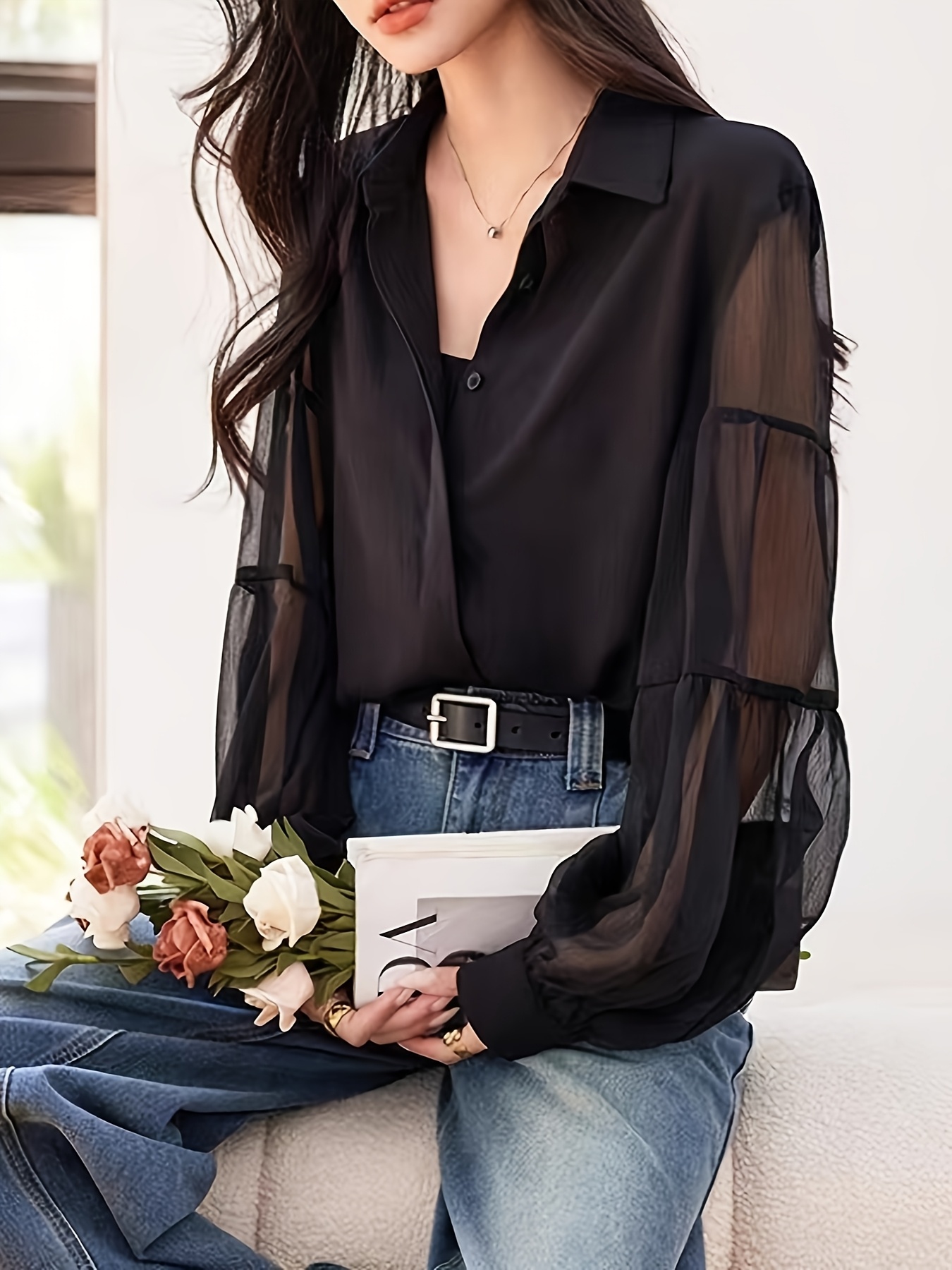 ランタンブラウス♡Hiand♡ Lantern blouse Lantern Short Sleeve Blouse Crop Top Rhinestone Shirt Blusas