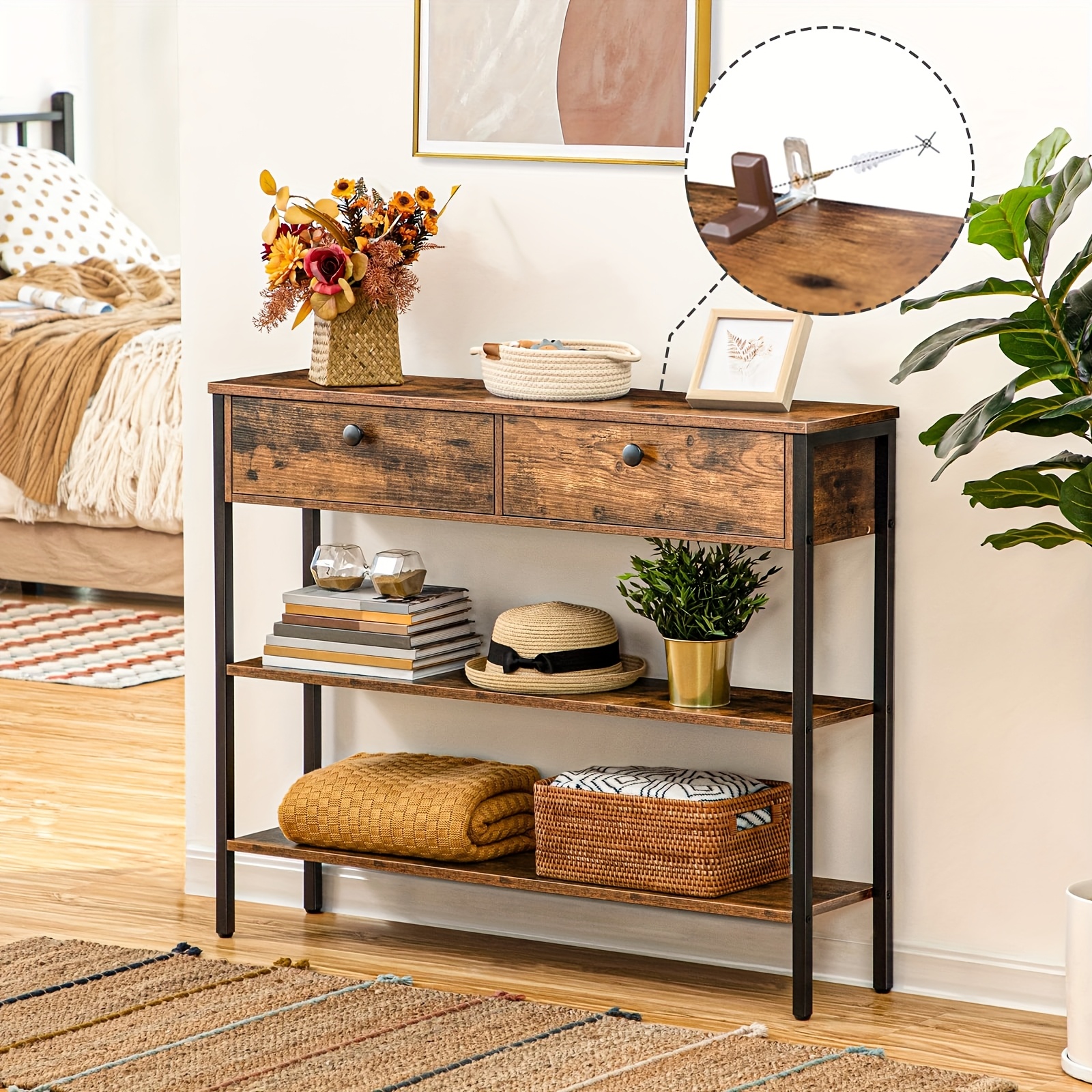 E-shop Modernes Retro Braun Schwarz Konsoltisch mit 2 Schubladen & 2-stöckiger Aufbewahrung - Robuster Metallrahmen & Holzoptik, Platzsparender