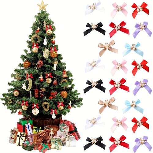 30pcs christmas pearl handmade ribbon bows with zirconia ribbon bow appliques for diy crafts sewing scrapbooking wedding christmas tree gift decorations