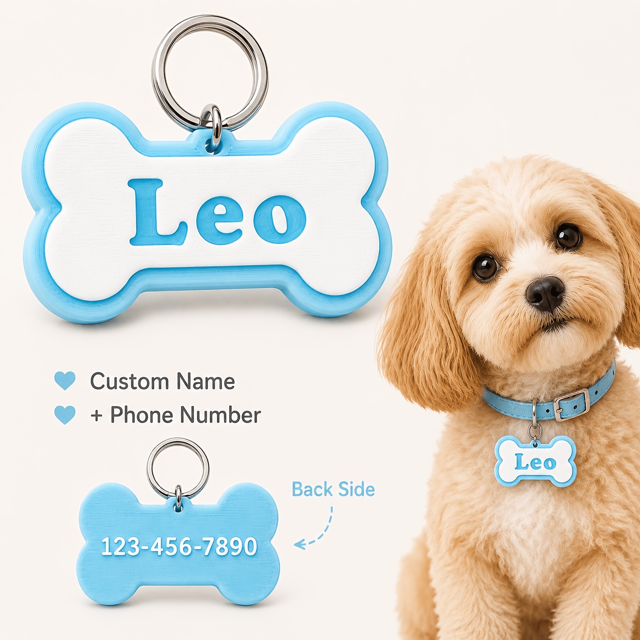 TEMU Personalized Bone-shaped Double-sided 3d Printed Pet Id Tag - Custom Name & Contact Suitable For Dogs, Durable Anti-lost Collar Tag With
