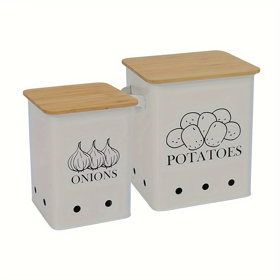 

Kitchen Storage Canister Set Of 2, Potato Onion Storage Bin With Aerating Tin Storage Holes & Wooden Lid, Kitchen Organizers For Onion, Potato, Fruit, White