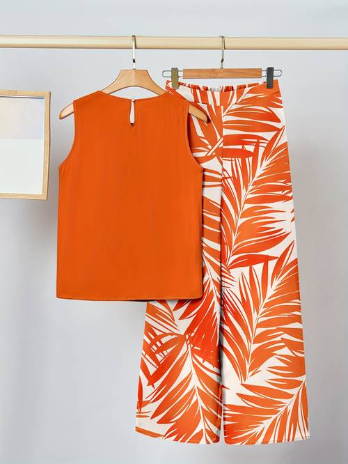 womens casual tropical leaf print sleeveless top and straight leg pants 2pcs set lightweight spring tropical style outfit ruched
