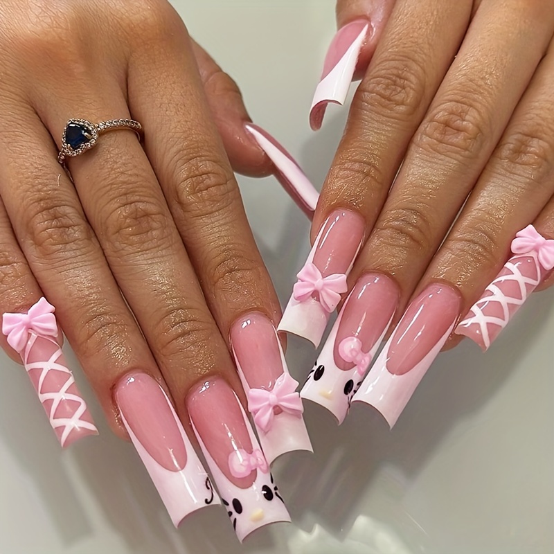 

24pcs Mixed Tip 3d Bow And Cat , Long False For Women -