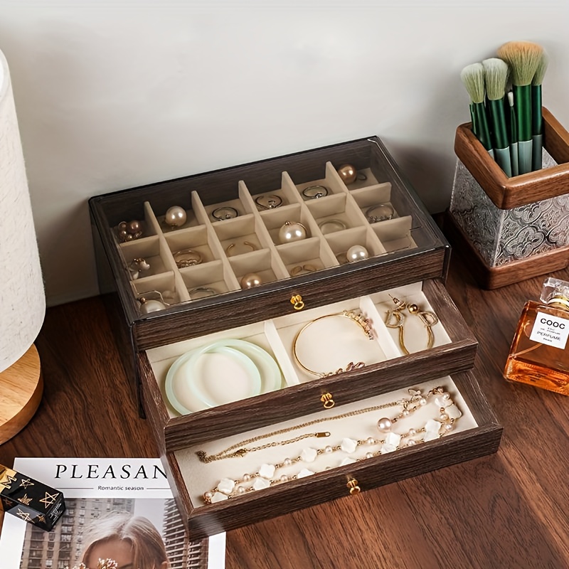 1pc boîte à bijoux vintage en bois de pêcher empilable avec devant   -     coffre au   multicouche pour  , boucles doreilles, bracelets & bagues - boîte de rangement en bois pour bureau, voyage, cadeau, boîtes à bijoux Détails du produit 0