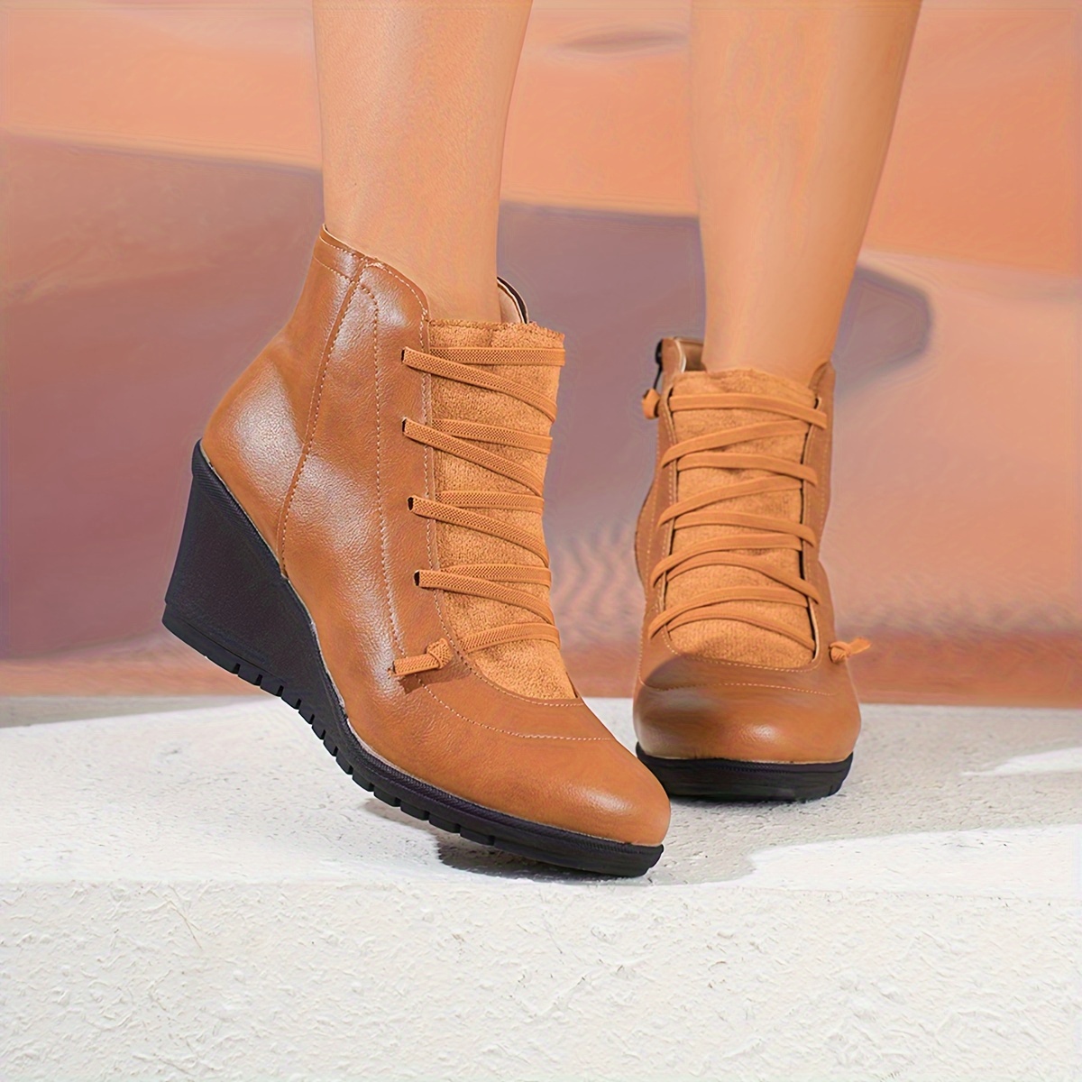 Lace Up High Heeled Wedge Boots Women's Retro Platform Wedge Heel