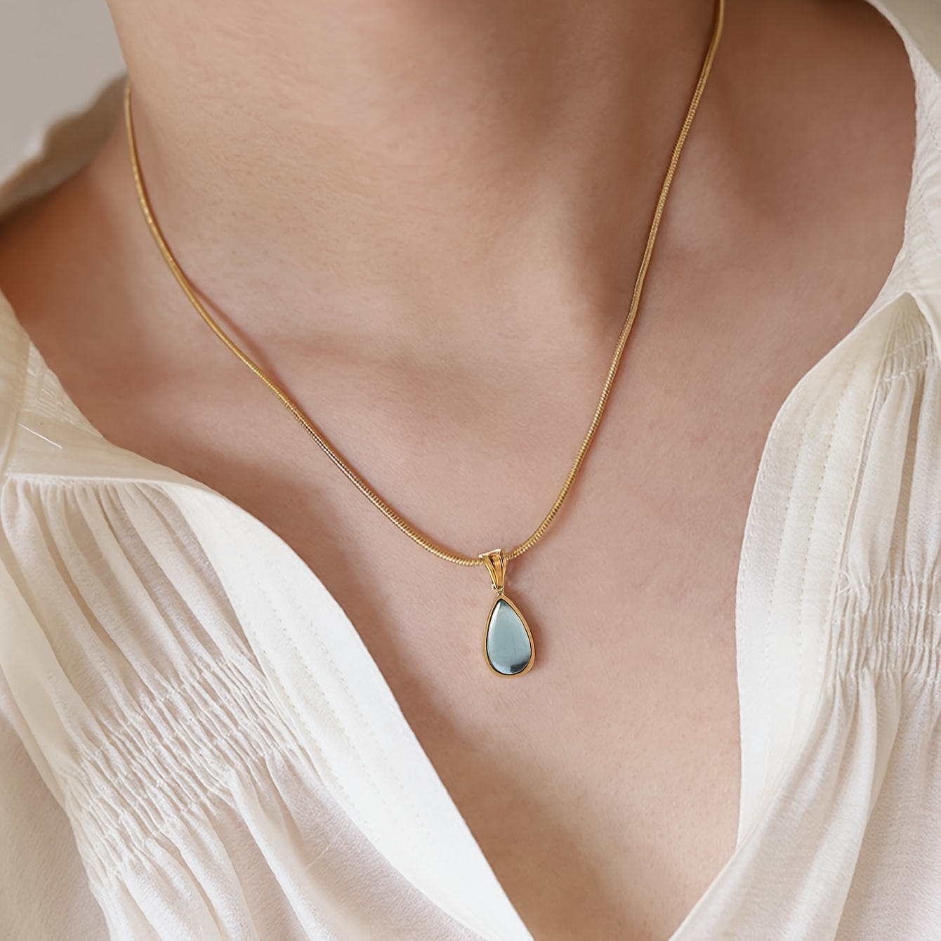 Image of A Minimalist Mini Glass Water Drop Pendant Stainless Steel Non-fading Round Snake Chain Necklace For Women