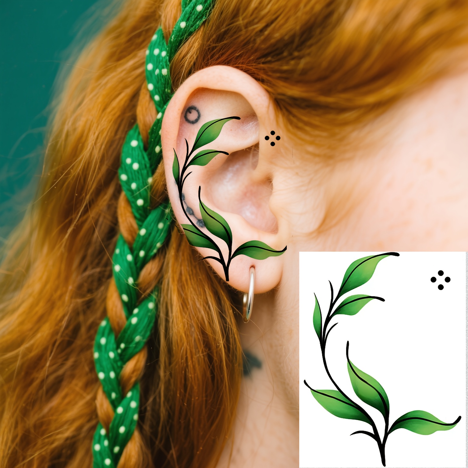 Image of 1 Sheet Of Temporary Ear Tattoo Stickers Featuring A Green Leaf Design - Durable, Easy To Apply And, Ideal For , Parties, And Fashion Additions - Great For Showcasing And During Halloween