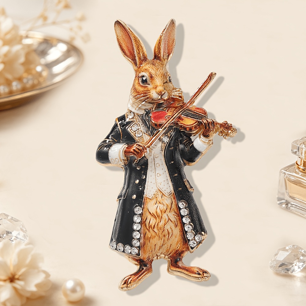 TEMU 1pc SOLEVDO Broche en émail Vintage Lapin Jouant du Violon de de , Épinglette Animal Lapin Gentleman Incrustée de Strass, Convient aux Costumes,