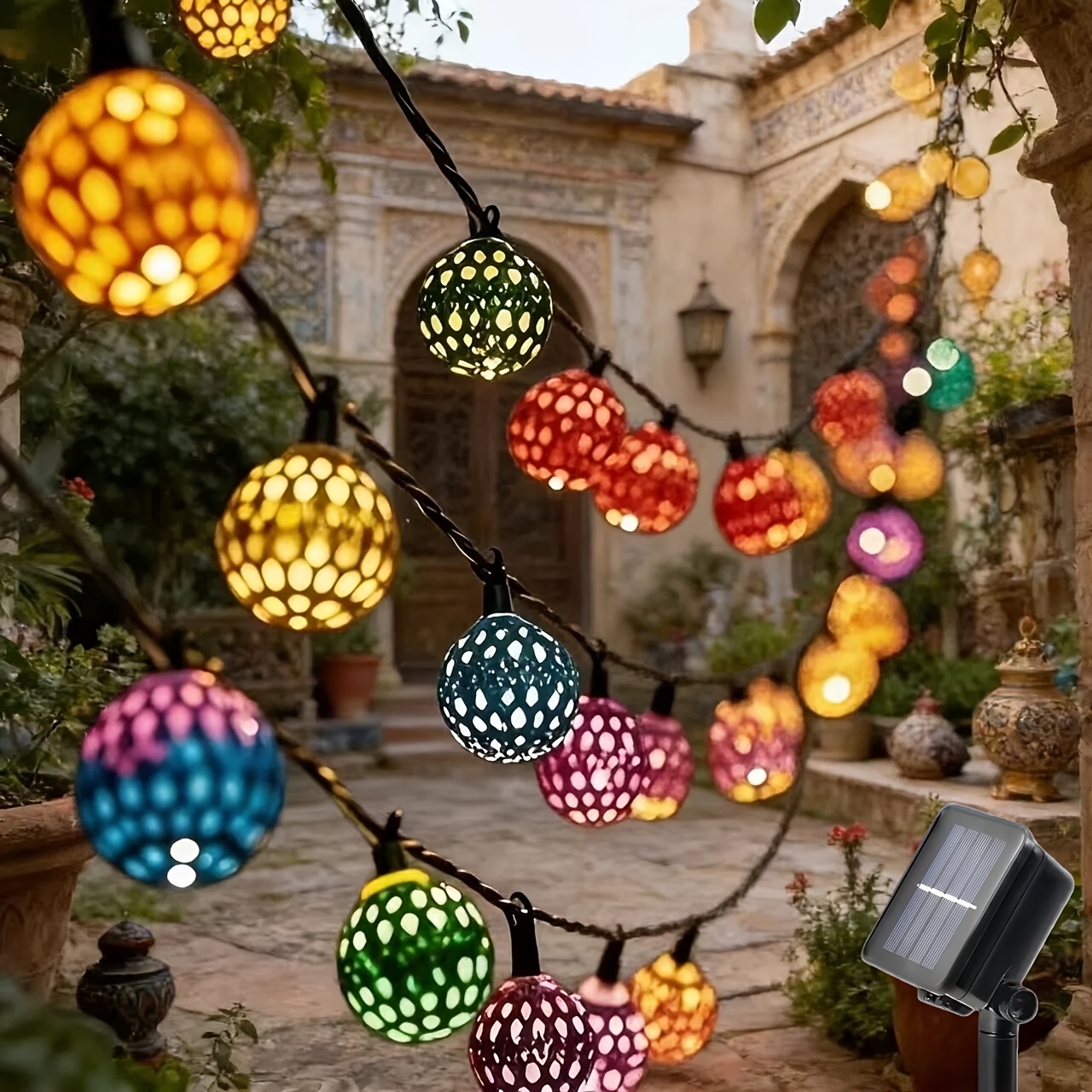 solar powered moroccan ball string lamp with 8 lighting   spherical led fairy light room decoration bedroom garden porch terrace wedding party thanksgiving new year hanging decor