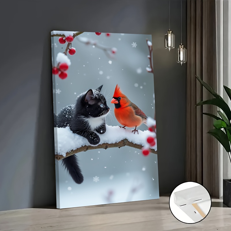 TEMU 1 Piece Of 2d Art, A Lovely Canvas Artwork Featuring A Kitten And A Bird, Oil On Canvas, Suitable For Posters, Wall Decor, Ideal For Living