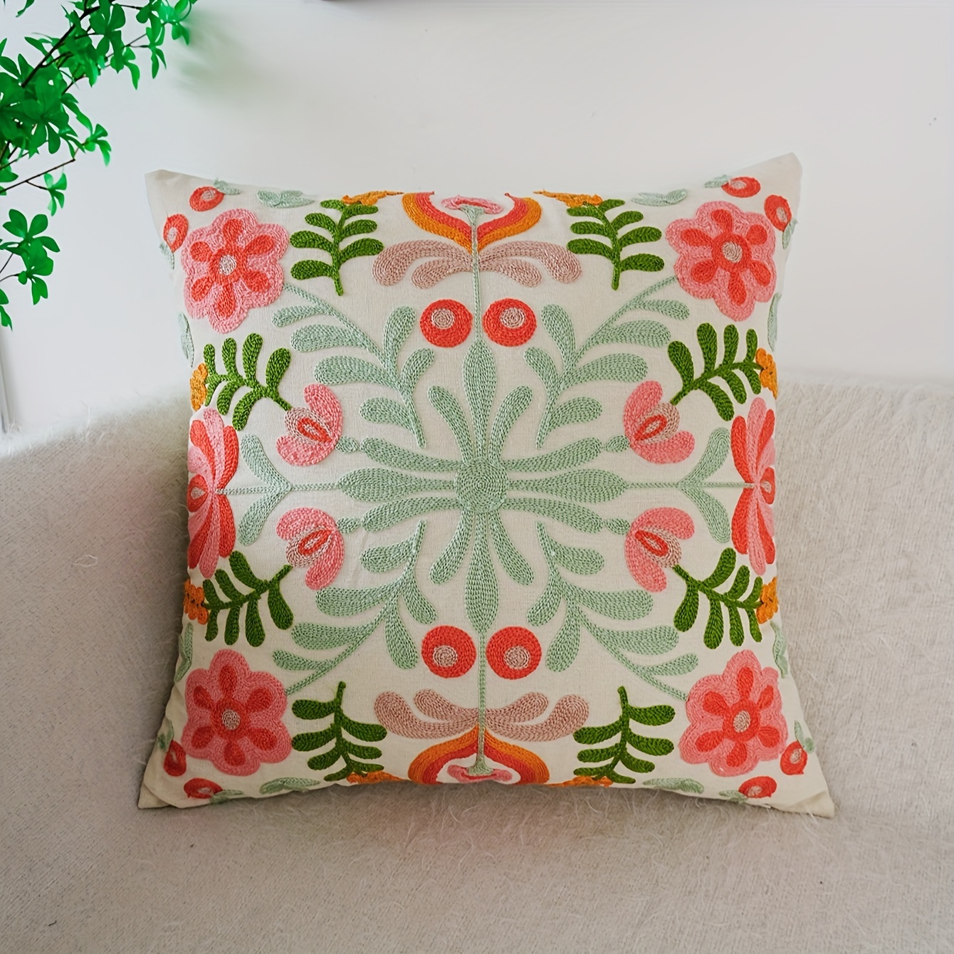 

Handcrafted Bohemian Style Throw Pillow Cover With Floral Embroidery - No Insert Included - Machine Washable - Zipper Closure - Suitable For Various Room Types - Made With Polyester Fabric