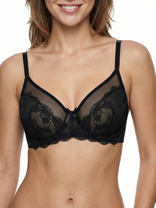 soutien-gorge minimisateur en dentelle non rembourré pour femmes, soutien-gorge semi-transparent non rembourré pour femmes, soutien-gorge floral couverture complète pour femmes, bralettes en dentelle à armatures pour femmes, lingerie et sous-vêtements pour femmes
