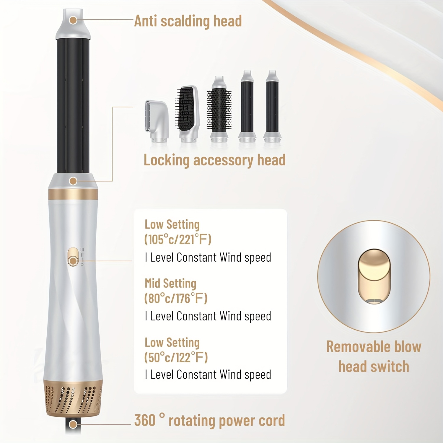 5-in-1 Professional Hair Styling Set by STYLEFI | Includes 1000W Hair Dryer, Curling Iron, Straightener, Round Brush, Diffuser | Low Noise, Quick Dry, 1.5-2.5M Power Cord, Compatible with 220V European Outlets, Multi-Functional Salon Tools for Styli