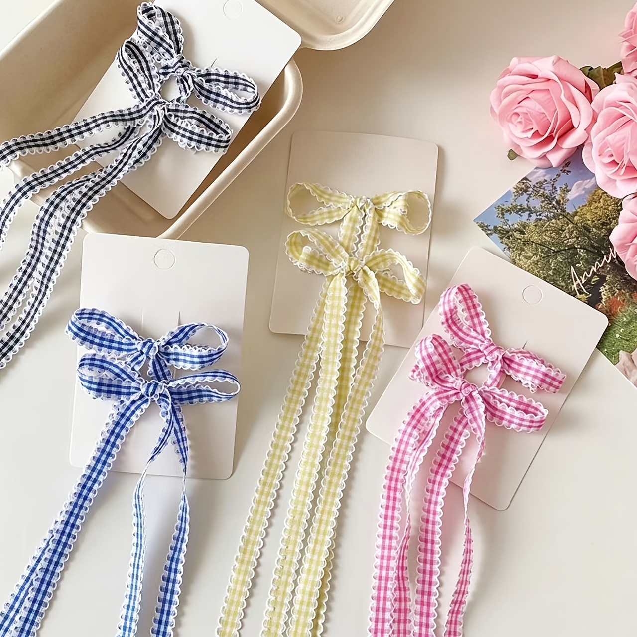 TEMU 8pcs Pinces à Cheveux Ruban Nœud Style Ballet, Élastiques à Cheveux Longs à à Carreaux, Attaches à Double Queue de Cheval Mignonnes et Féminines