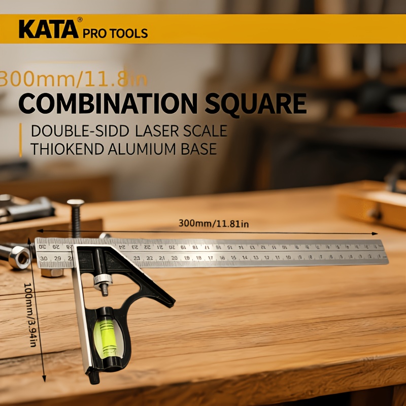 TEMU 1pc 300mm ( Inches) Plastic Base, Metal Aluminum Combination Square With Removable Level Scale Ruler, Suitable For 90° And 45° Angle Marking,