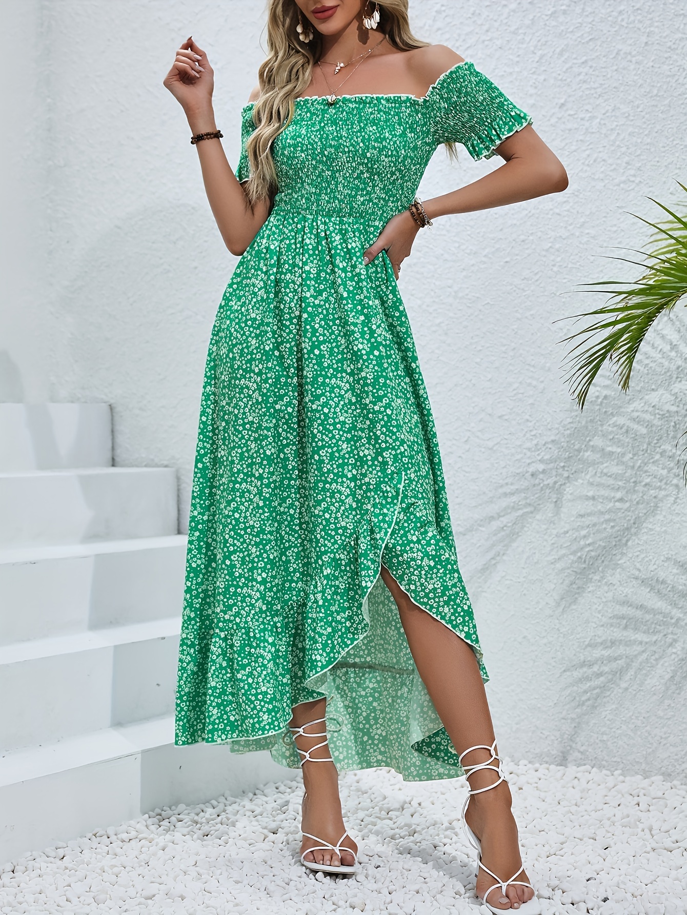 Ditsy Print Shoulder Shirred Dress Vacation Split Ruffle Hem - Temu