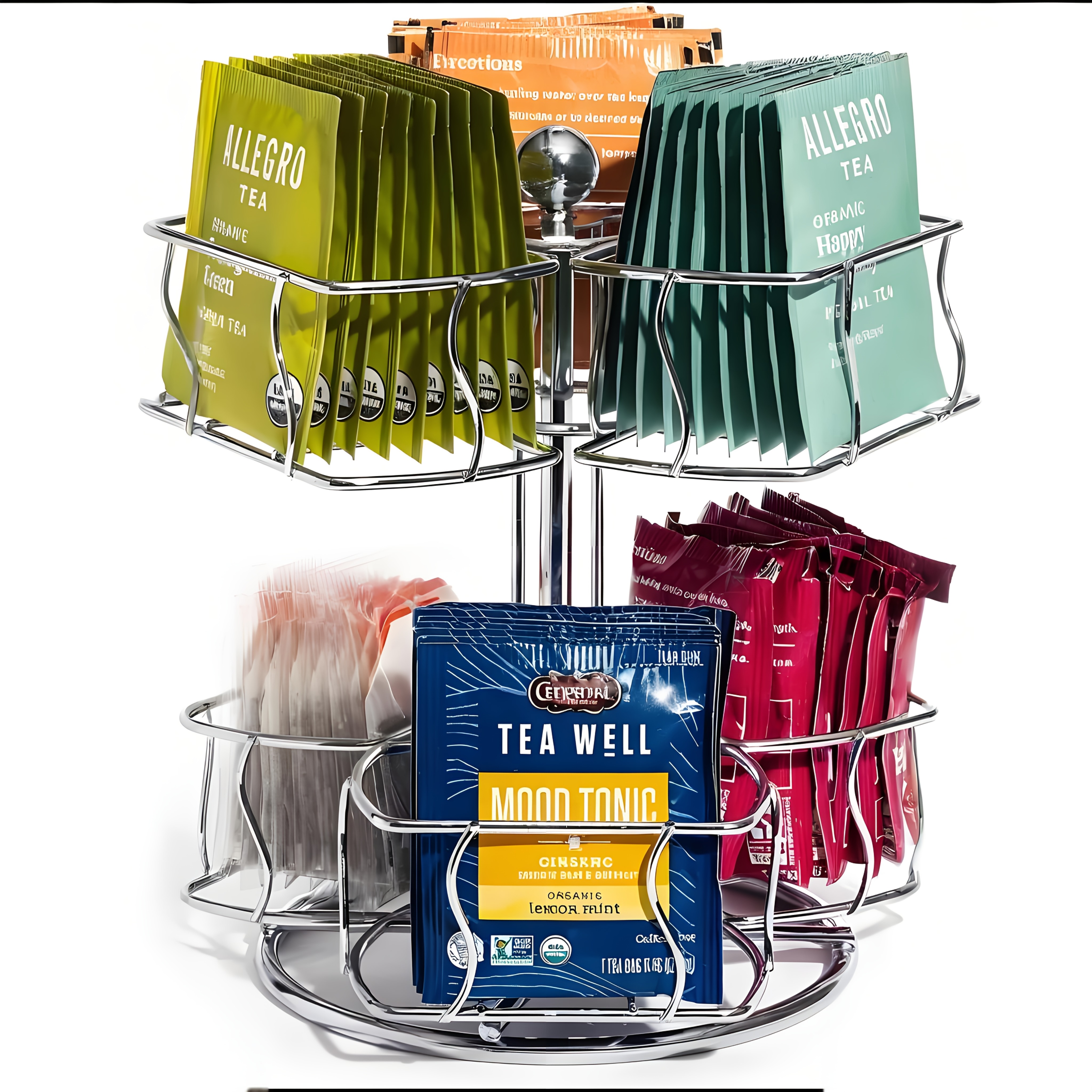 IDavosic.ly 3 Tier Tea Bag Organizer, Packet Storage Holder Spinning Carousel With 9 Compartments, Rotating Metal Caddy For Kitchen