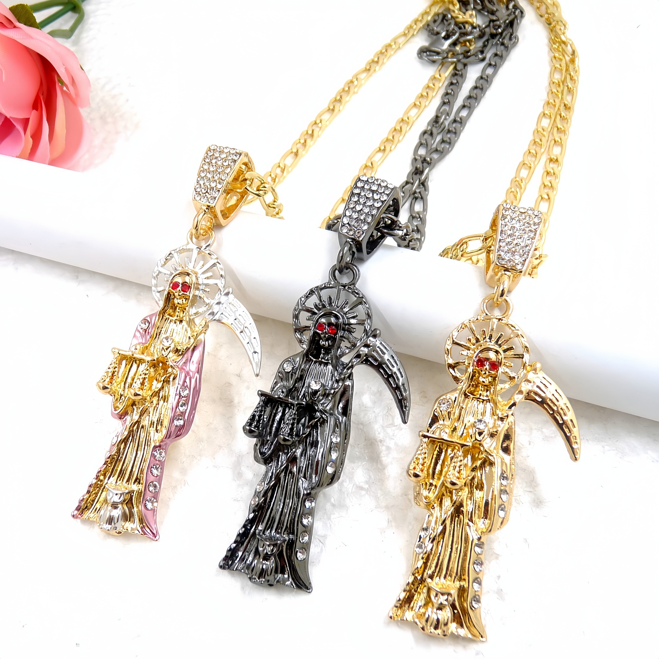 14k Yellow Gold La Santa Muerte Necklace For Women And Men - Holy...