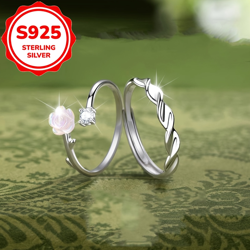 2pcs S925 Sterling Silver Mountain Camellia Couple Band Rings