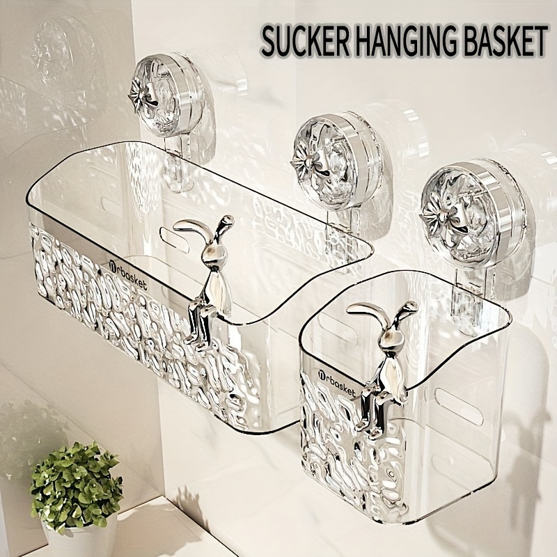 

1 panier à ventouse Orbasket avec décoration lapin et nœud, étagère de rangement de salle de bain en plastique de style contemporain, organisateur mural pour articles de toilette et accessoires