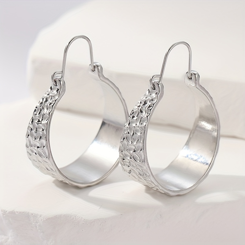 Vintage Boho Silver Plated Hammered Hoop Earrings