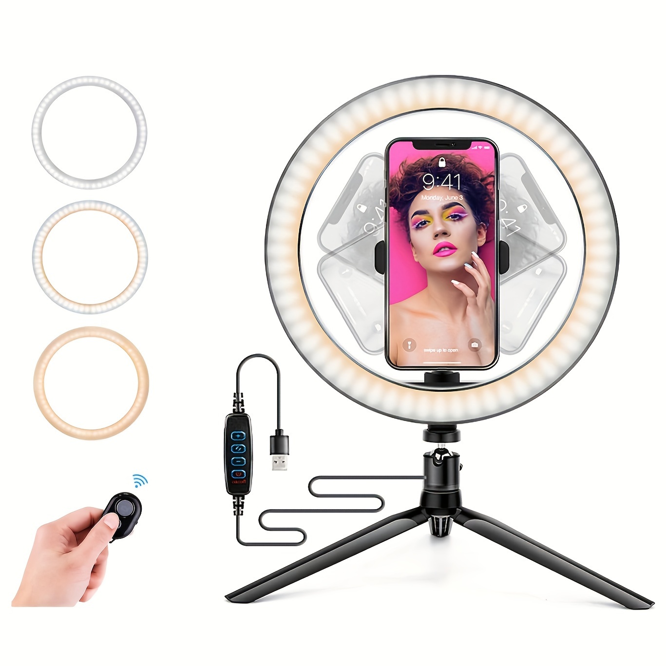 

10.2" Ring Light With Extendable Tripod Stands And Phone Holder, Dimmable Led Circle Round Light For Selfie Camera Photography