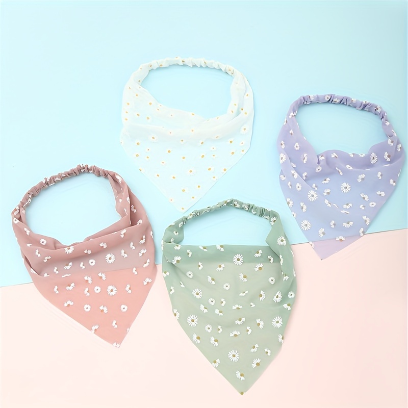 Image of 4pcs Spring And Summer Fabric Daisy Print Triangle Scarf Hairband Fashion Easy Versatile Headscarf Cute Sweet Print Women's Fashion Hairband Hair Additions Set