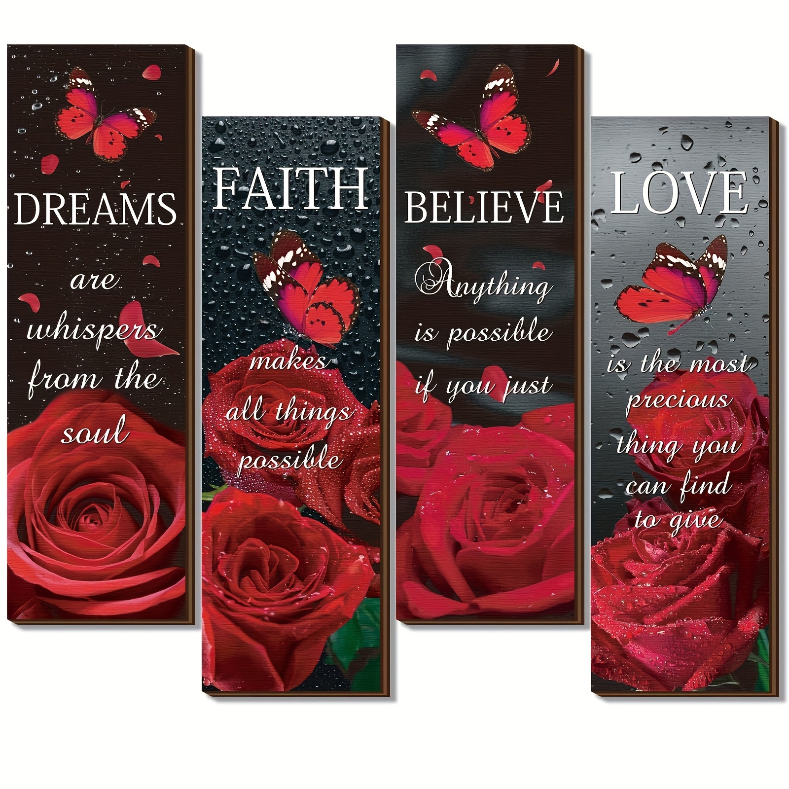 

4pcs Inspirational Wooden Sign Set - Believe, Faith, Dream, Love With Roses & Butterflies - Rustic Home Decor For Living Room, Bedroom, Bathroom - Portable 10x4