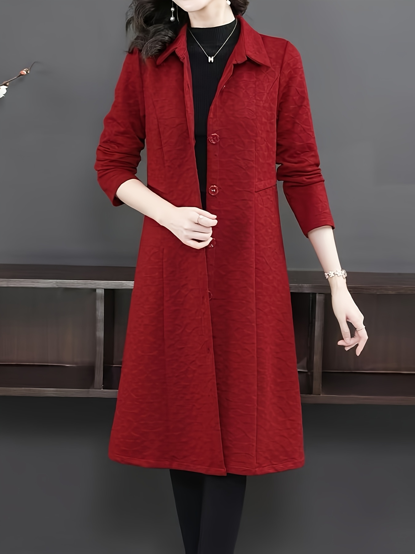 Plus Size Elegant Plus Size Beige Trench Coat with Geometric Pattern  Long Sleeve, Button-Up, Non-Stretch Fabric Wear Casual or Formal