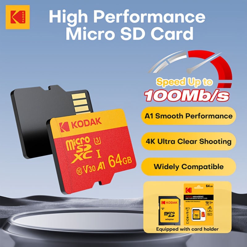 

Carte Micro Kodak 64GB/128GB, Haute Vitesse Classe 10 pour Prise de Vue 4K Ultra HD, Performances Fluides A1, Carte V30 UHS-I pour Smartphones, Appareils Photo, Drones - Adaptateur