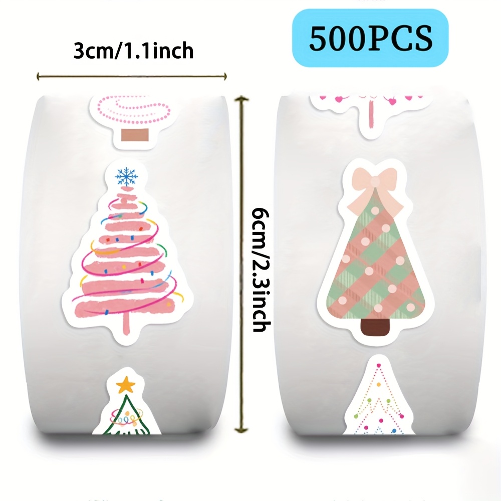 Image of Cartoon Christmas Tree Roll Stickers - 500pcs Per Roll Suitable For Decorating Mobile Phones, Computers, And Notebooks. Are Ideal Holiday Gifts When Used To Seal Envelopes