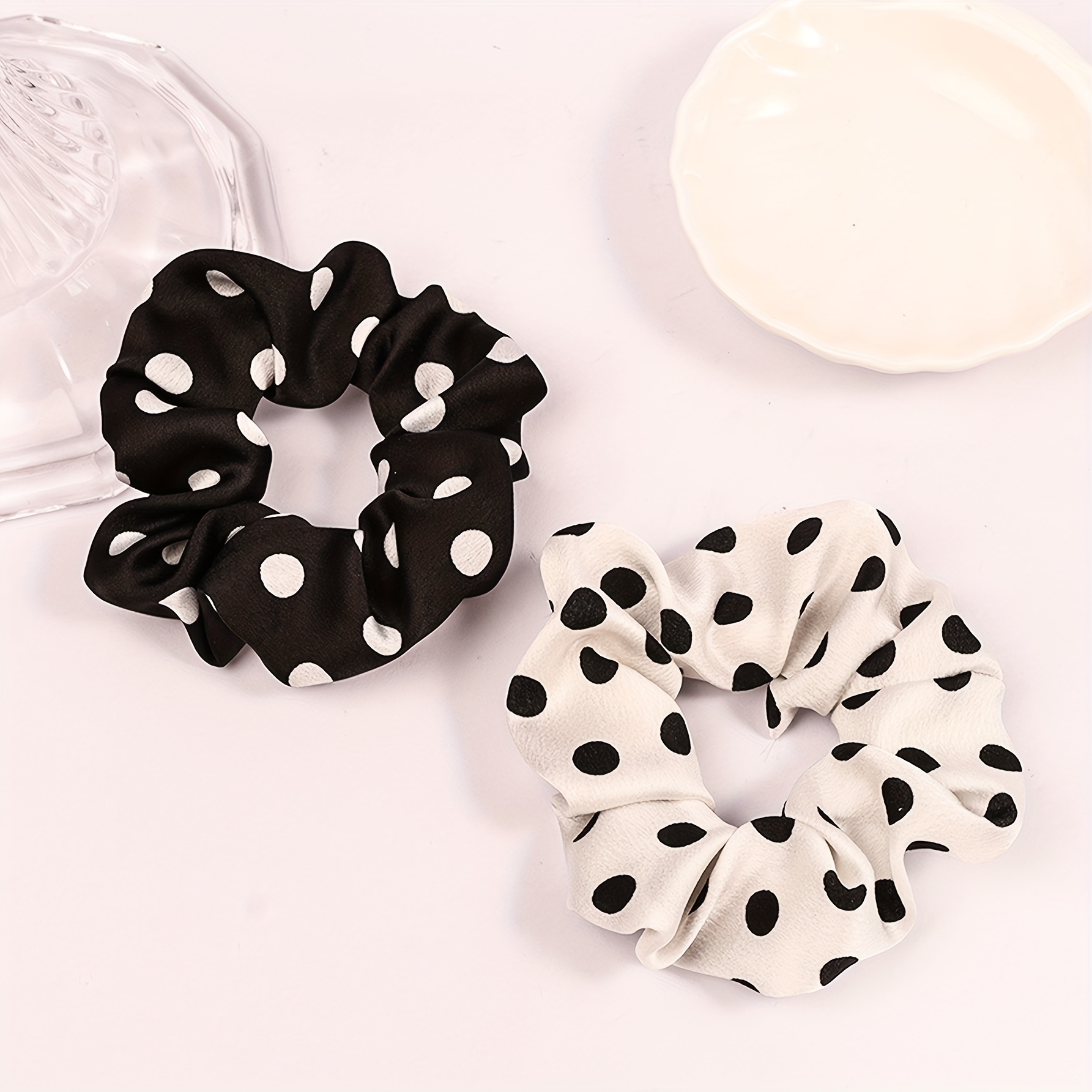 2pcs Bohemian Polka Dot Hair Ties - Soft Fabric Scrunchies For Women & S, Mixed Colors (black & White), Gentle Hair Accessories For Ponytails, Workouts, Sleep