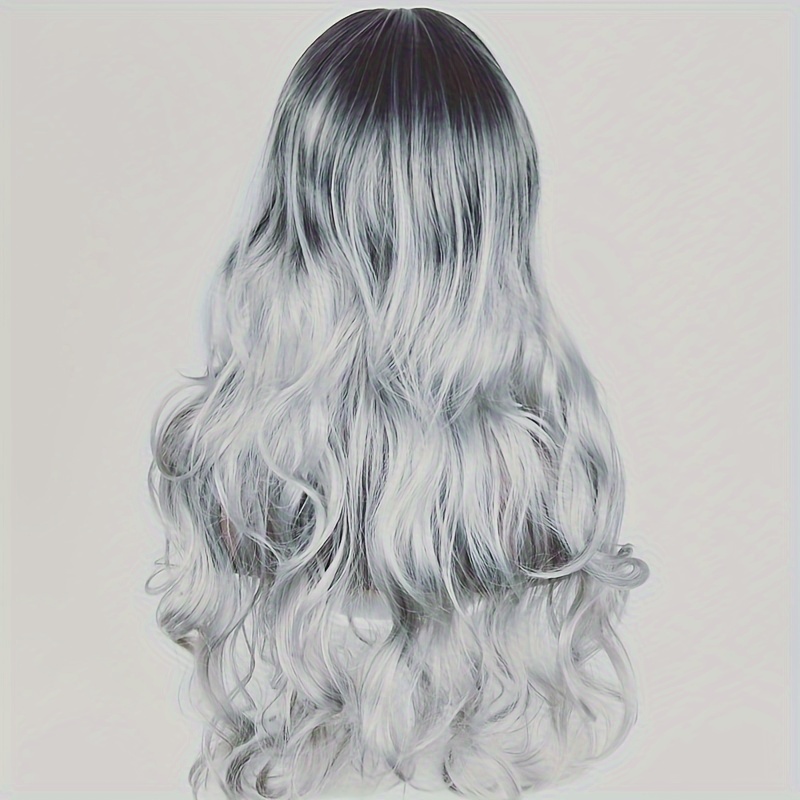 Image of Synthetic Wig New European And American Gradually Light Gray Wig In Long Curly Hair Set Large Wave Middle Part Natural Wigs For Women