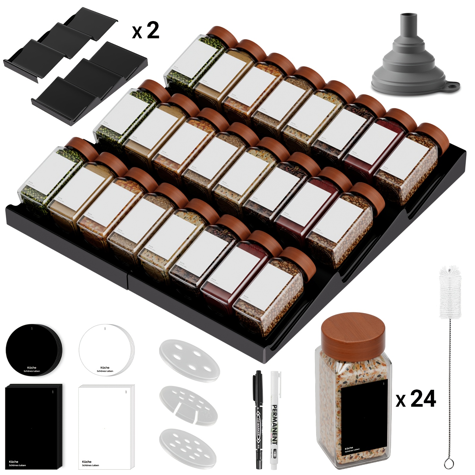 Image of Spice Rack Drawer [with 24 120ml Spice Bottles And Labels] - Adjustable To Drawers, Spice Bottles With Racks, Spice Storage Drawer, Kitchen, Glass Spice Bottles, Kitchen Spice Organiser