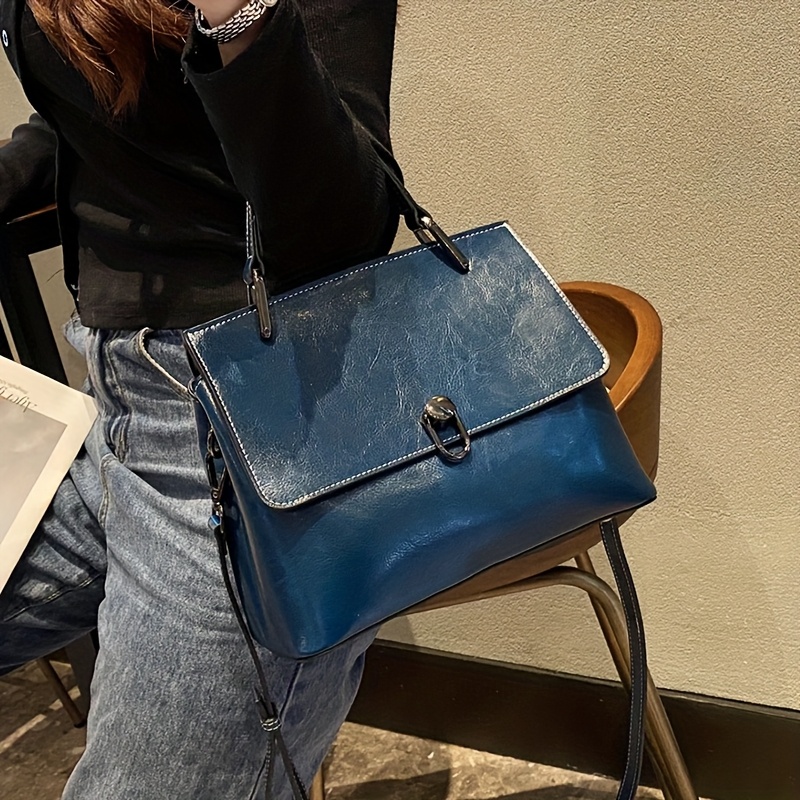 TEMU Wo 's Trendy Single Handbag With Cowhide Top, Soft Briefcase Handbag, Classic Handbag